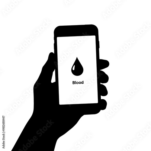 Silhouette of Mobile Phone with Blood Donation App, Black and White, Healthcare and Awareness Concept