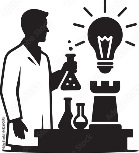 Silhouette vector of an innovation laboratory with lab equipment and light bulb, symbolizing creativity, research, science, and new ideas.