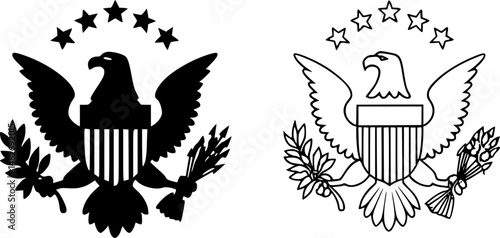 Two variations of the US Great Seal, one black and one white.