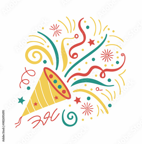 Colorful festive party popper vector illustration with streamers confetti and stars