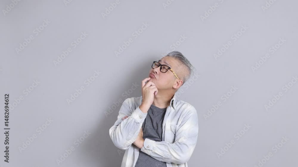 The senior East Asian man, wearing a white plaid-patterned shirt, is standing against a grey background. The senior East Asian man, wearing a white plaid-patterned shirt, is standing against a grey background.