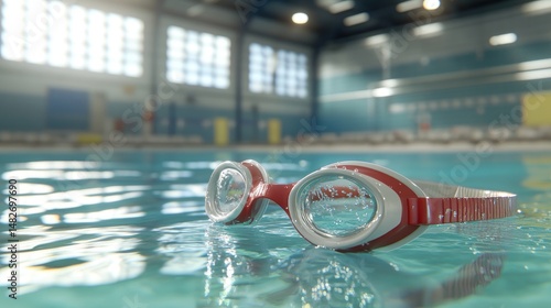 Swimming goggles resting on the surface of a pool in a modern indoor facility