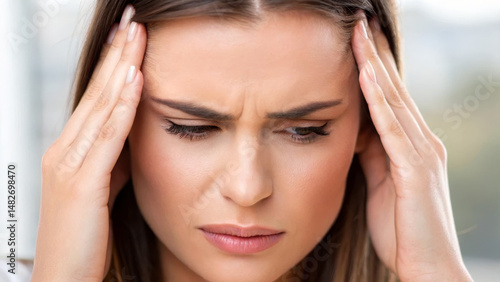 Wallpaper Mural Allergy and Sinus concept ,Woman touching forehead in pain, expressing discomfort and stress Torontodigital.ca