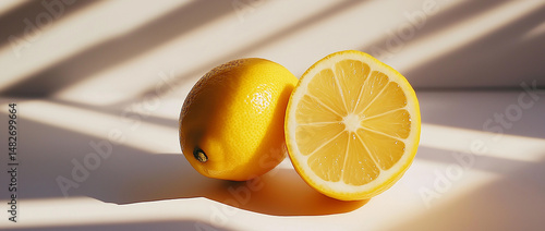 A yellow lemon, cut in half, is placed on a white table with a shadow cast by the sun