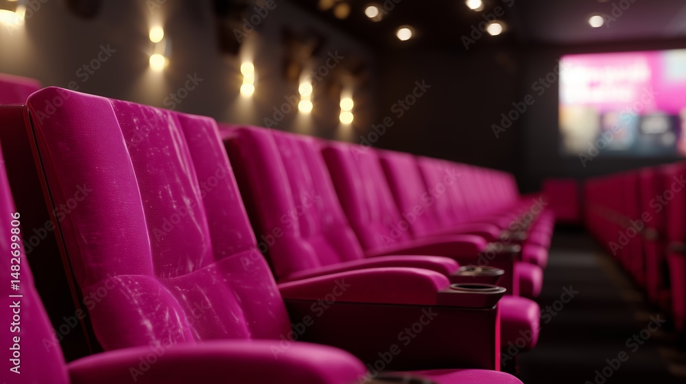 Plush pink theater seats in a modern cinema waiting for viewers before the movie starts