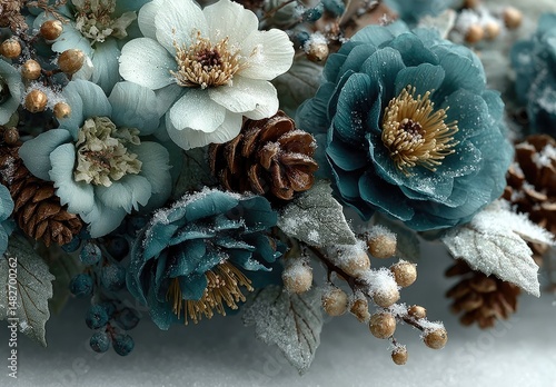 Winter floral wreath detail, pale blue and teal flowers, pinecones, and frosted textures