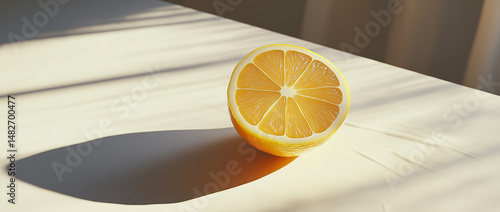 A yellow lemon, cut in half, is placed on a white table with a shadow cast by the sun