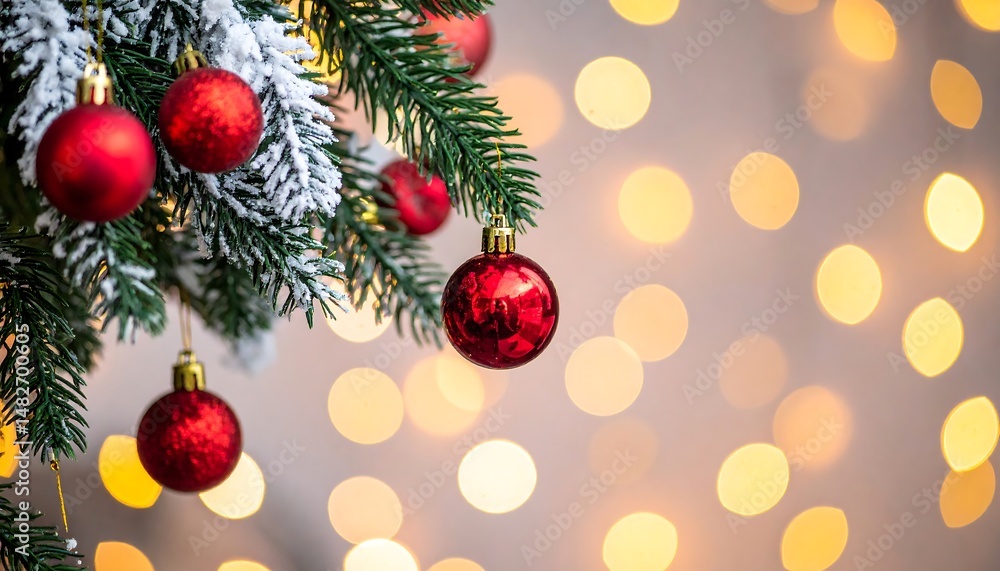 Obraz premium Festive Christmas Tree Branch with Red Ornaments and Sparkling Lights