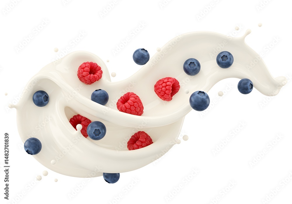 Fototapeta premium Creamy Milk Splash with Raspberries and Blueberries A Delicious Dairy Delight
