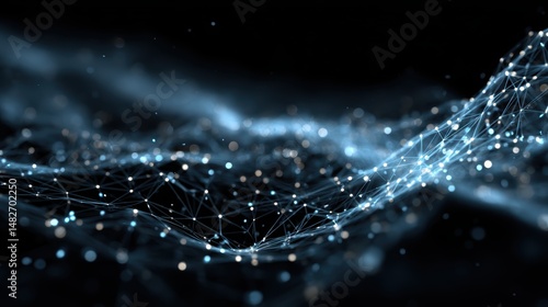 A blue digital network structure with glowing nodes and lines, illustrating complex technology connections