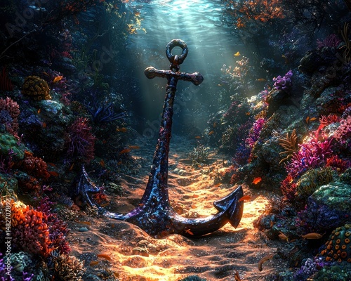 Sunken anchor amidst vibrant coral reef landscape photo