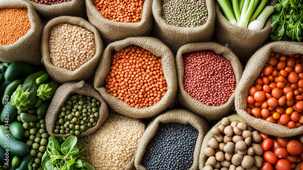 Obraz premium A vibrant market stall showcasing bags of lentils in various colors, surrounded by fresh vegetables and spices, in an outdoor market