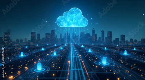 Cloud computing technology network city skyline digital transformation innovation future tech trends