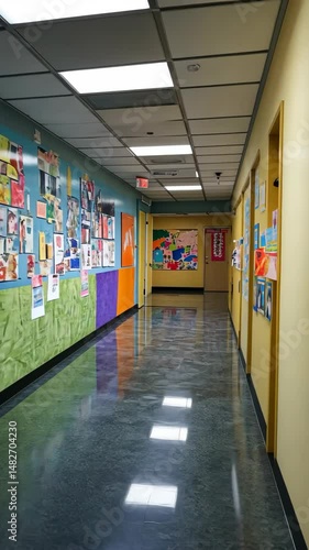Colorful school hallway displaying children's art on classroom walls