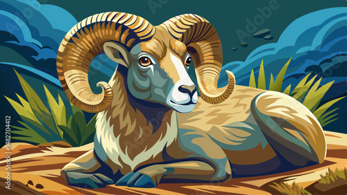Close up portrait of bighorn sheep ram resting  very beautiful