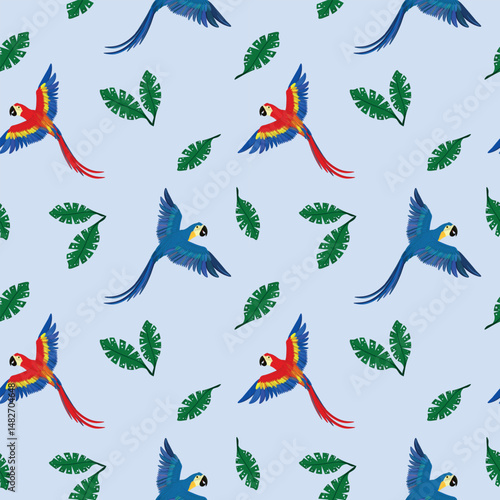 Vector seamless parrots pattern. Colorful flying parrot on blue background. Vector red and blue Arara pattern, Vector red Macaw pattern, Vector red Ara. Macaws on blue background seamless.