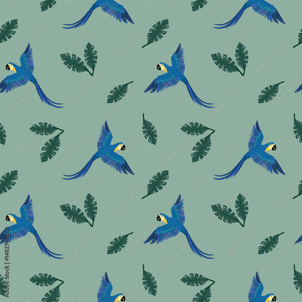 Obraz premium Vector seamless parrots pattern. Colorful flying parrot on green background. Vector blue Arara pattern, Vector blue Macaw pattern, Vector blue Ara. Macaws on green background seamless pattern.