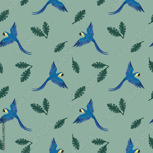 Vector seamless parrots pattern. Colorful flying parrot on green background. Vector blue Arara pattern, Vector blue Macaw pattern, Vector blue Ara. Macaws on green background seamless pattern.