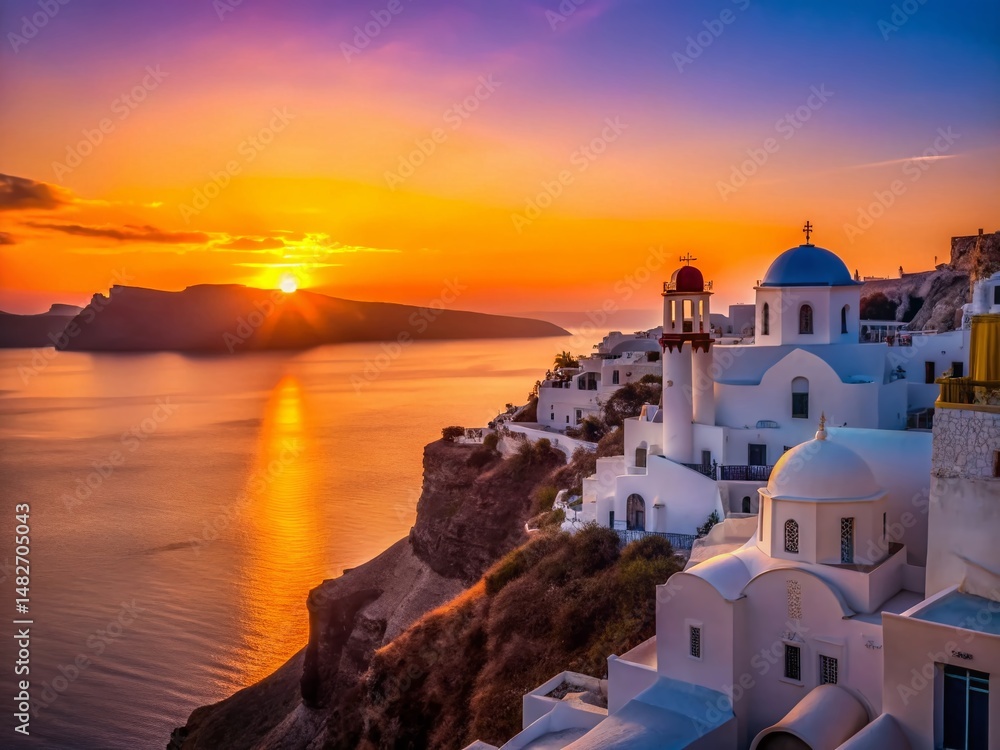 Fototapeta premium Minimalist Santorini Sunset: Cycladic Architecture Silhouette at Golden Hour