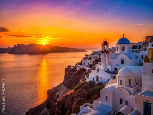 Minimalist Santorini Sunset: Cycladic Architecture Silhouette at Golden Hour