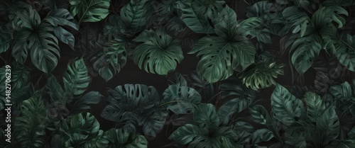 Intricate black & green exotic leaf pattern; dark, stylish, trendy  , black, vintage