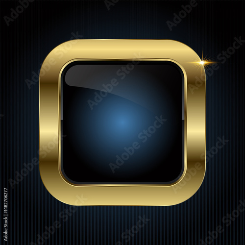 A Luxury square button features a glossy black center with a radiant blue glow, encased in a smooth gold frame, illustration button design