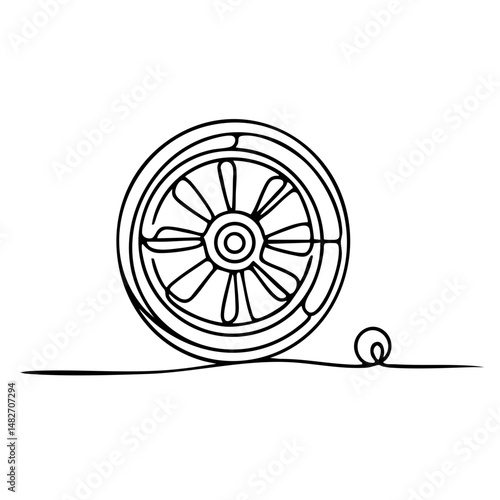 Single line art drawing of a Dharma wheel with a small ball  