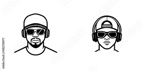 Stylized vector illustration of two music lovers wearing headphones and sunglasses