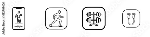 Vector illustration icons showcasing fitness activities including weightlifting, walking, and exercise tracking on a mobile device