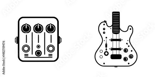 Vector illustration icon showing a guitar and a sound mixer for music production and performance