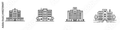 Vector illustration of multiple hospital buildings showcasing healthcare facilities with simple design elements and clear outlines