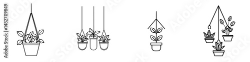Stylish vector illustration of hanging plants with various pot designs suitable for home decor or gardening projects