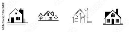 Vector illustration featuring four distinct house designs in a minimalist style showcasing home architecture elements and styles