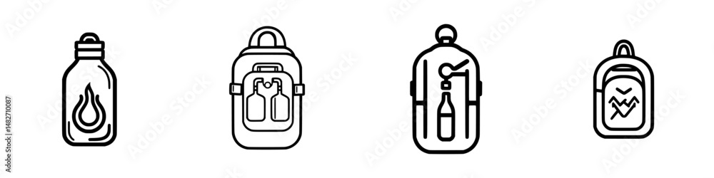 Obraz premium Vector illustration of outdoor adventure gear including water bottles and backpacks for hiking and camping activities