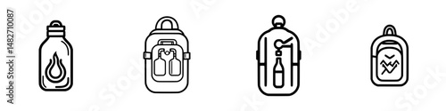 Vector illustration of outdoor adventure gear including water bottles and backpacks for hiking and camping activities