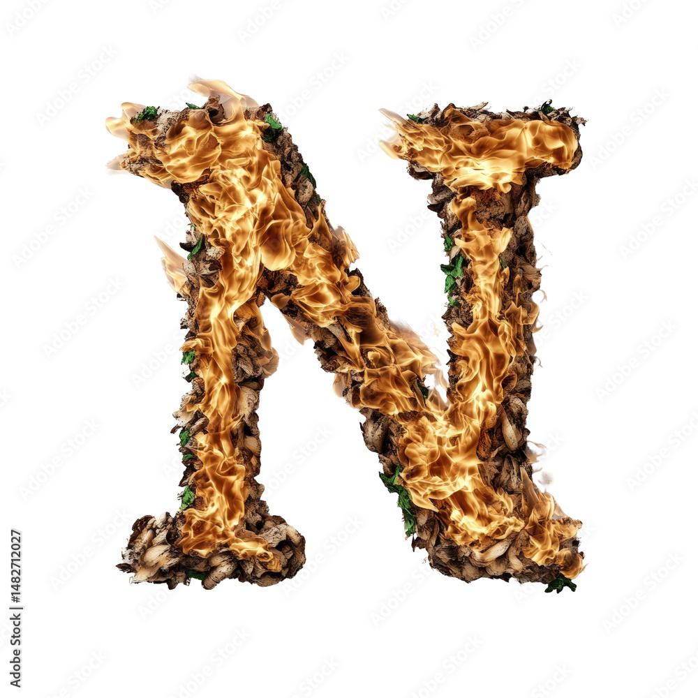 Fototapeta premium Burning letter N made of flames with green leaves and dark charred edges on white background