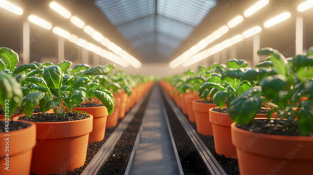 Rows of green plants in orange pots growing under artificial lights inside a modern greenhouse. Rows of green plants in orange pots growing under artificial lights inside a modern greenhouse.