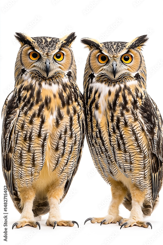 Fototapeta premium Captivating portrait of two watchful owls standing majestically on white background