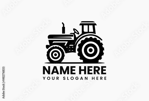Minimalist black silhouette of antique farm tractor with oversized wheels on pure white background. Rural life concept