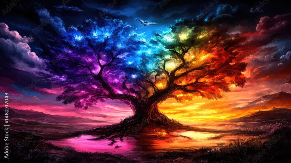 Obraz premium Colorful mystical tree at dawn