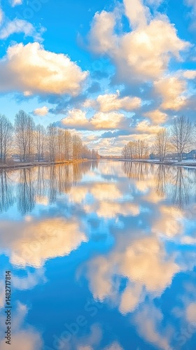 Winter river reflection, vibrant sky