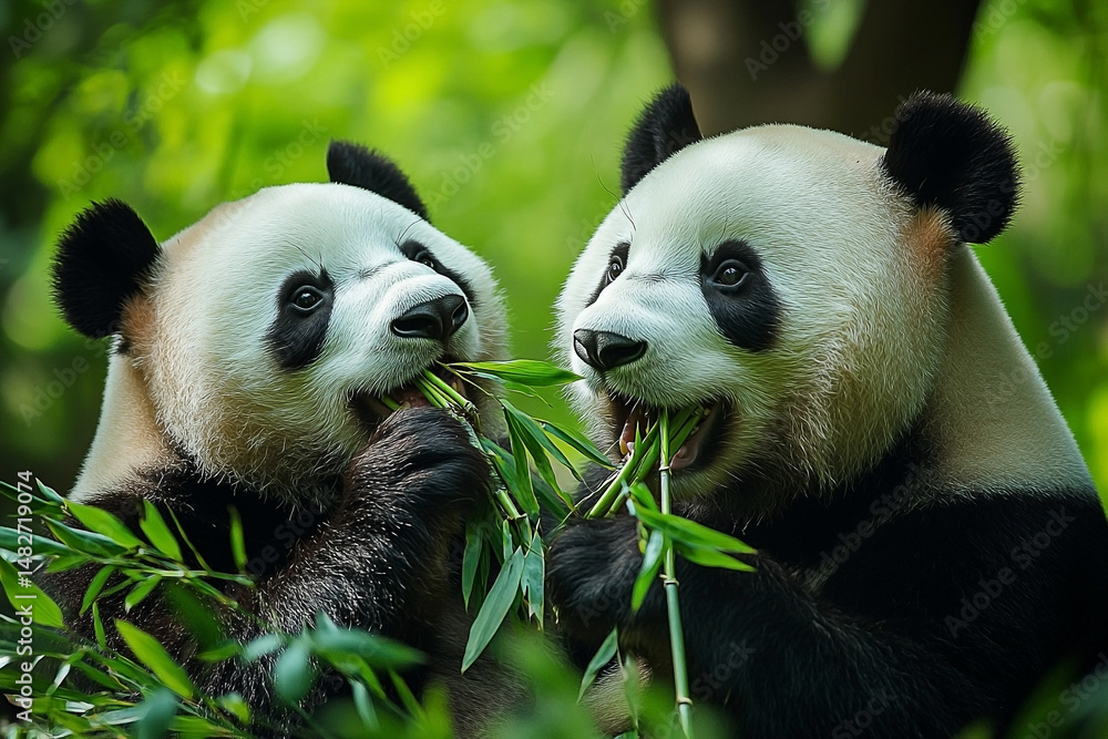 Naklejka premium Two adorable giant pandas munching on bamboo shoots in lush green forest