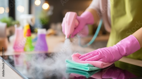 Obraz na płótnie Cleaning kitchen surfaces with steam cleaner and cloth, showcasing effective hygiene practices in modern home environment w salonie