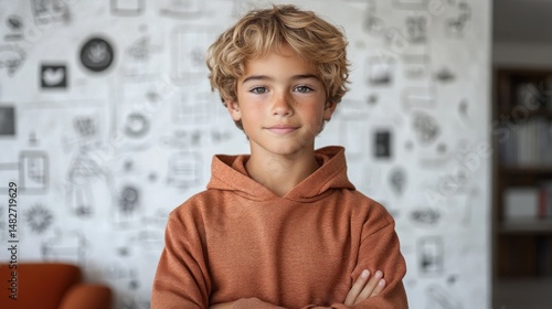 Portrait of a Confident Young Boy with Curly Hair