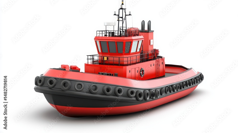 Fototapeta premium A tugboat clipart, port assistance element, 3D illustration, navy and red, isolated on white background