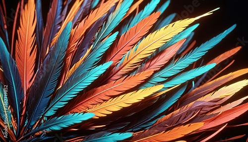 Abstract bird feathers with neon pulses.