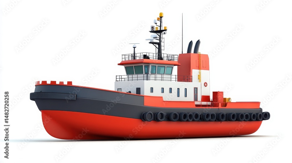 Fototapeta premium A tugboat clipart, port assistance element, 3D illustration, navy and red, isolated on white background