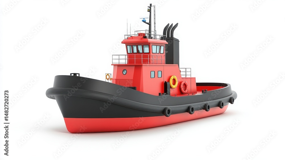 Fototapeta premium A tugboat clipart, port assistance element, 3D illustration, navy and red, isolated on white background