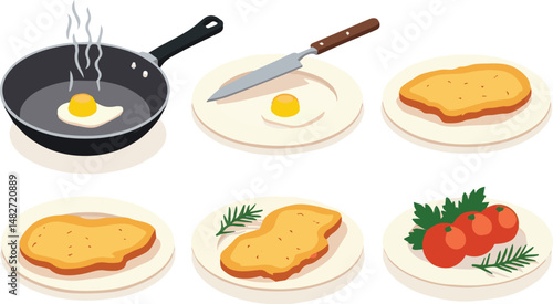 Create a Instructions how to Prepare Chicken Schnitzel in Pan. Coat Meat with Egg and Breadcrumbs, Fry on both Sides and Serve. Cooking Guide. Flat Line Vector Illustration and Icons set. 