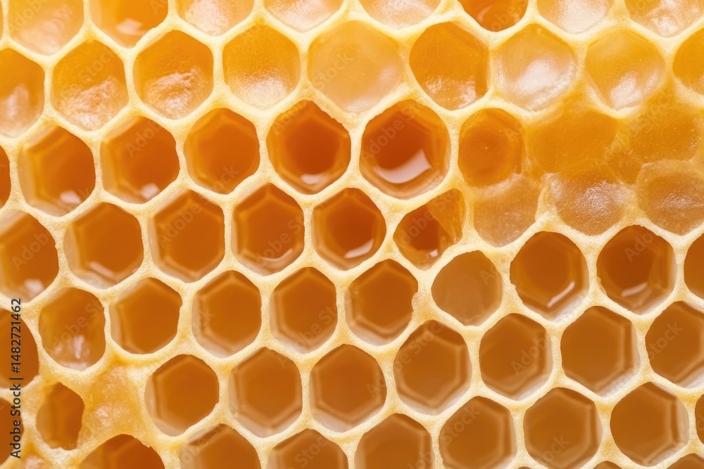 Honeycomb structure with smooth, golden texture isolated against a light background Honeycomb structure with smooth, golden texture isolated against a light background